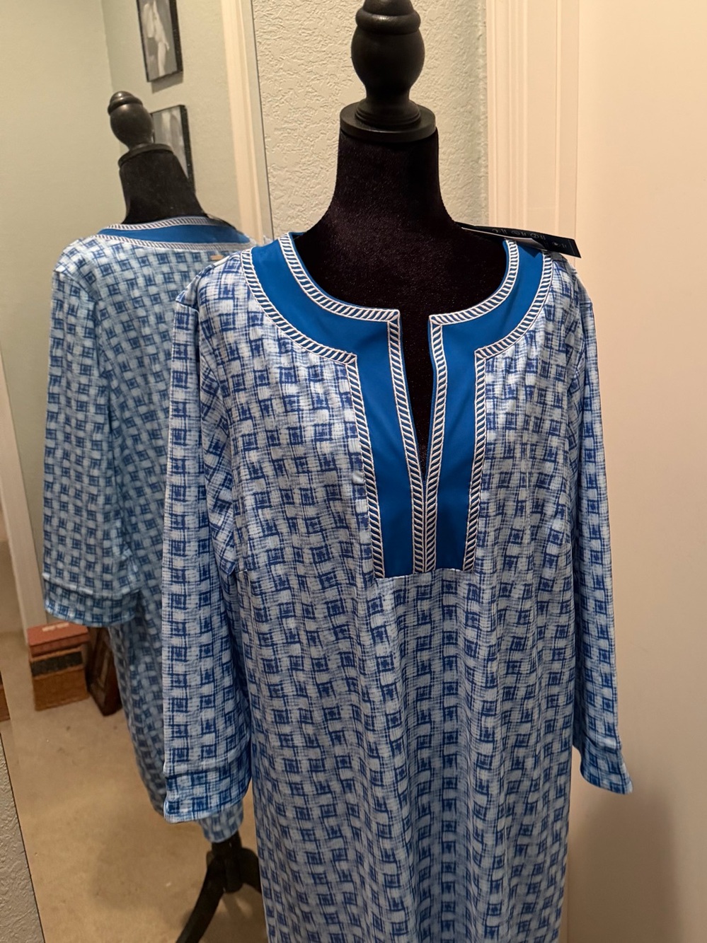 Cabana Life Blue Patterned Tunic with Navy Trim NWT - Picture 3 of 5
